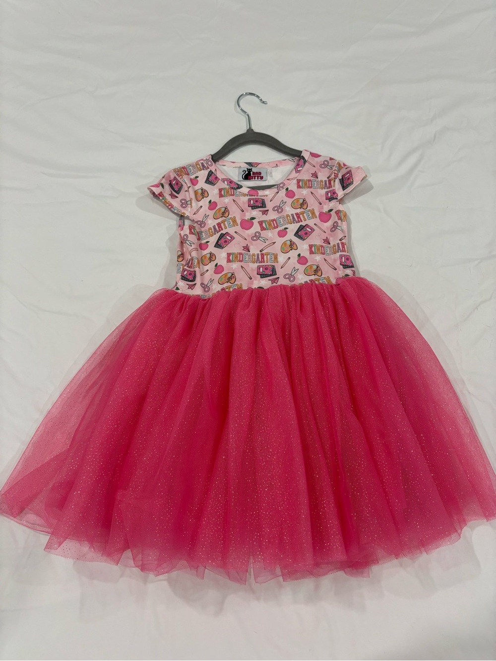 Kindergarten Pink Glitter Tulle Dress with Printed Bodice